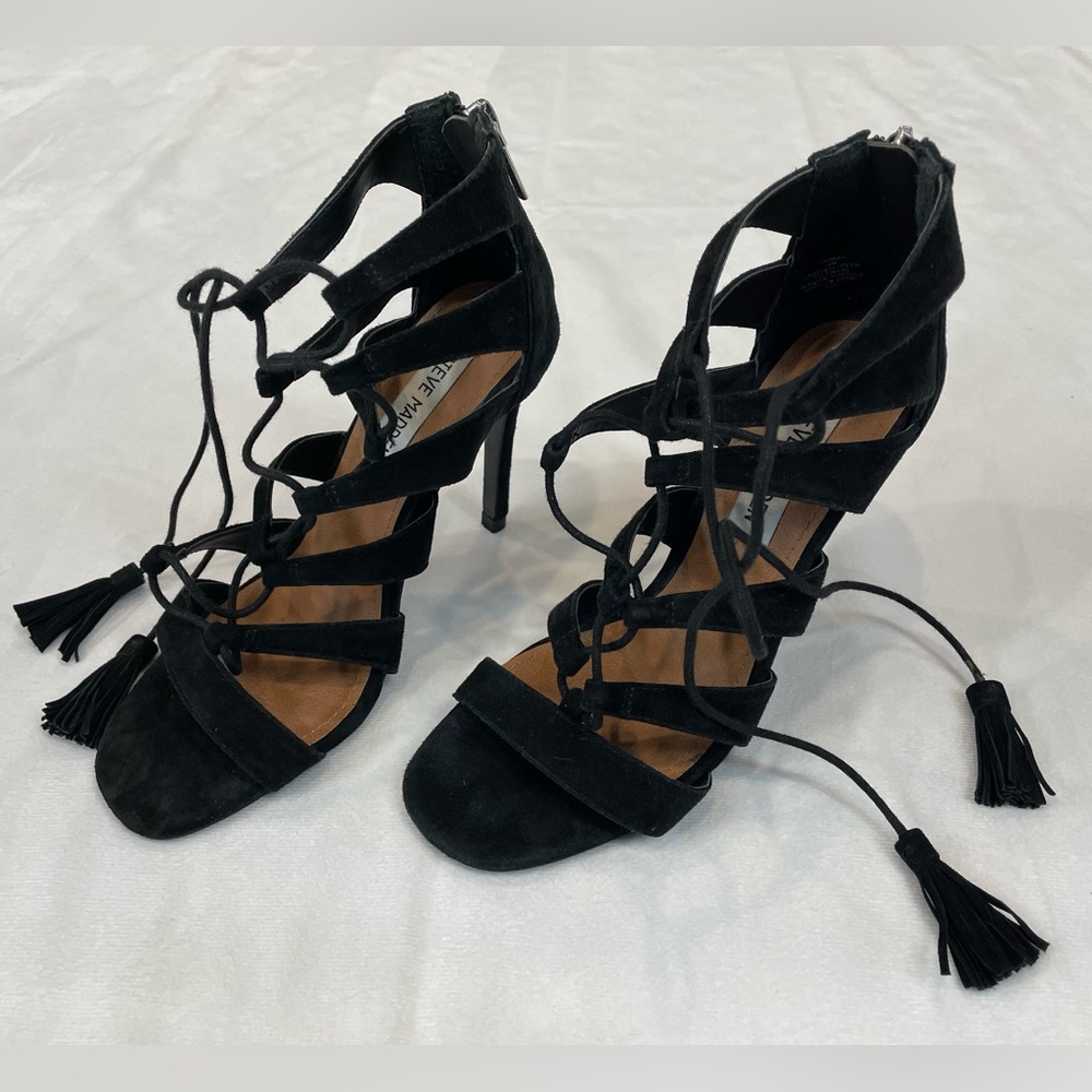 Steve Madden Suede Strappy Fringe Tie Stiletto Heeled Sandals Black Size 6